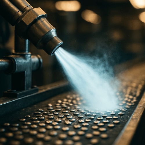 Compressed air nozzle spraying mist during industrial use