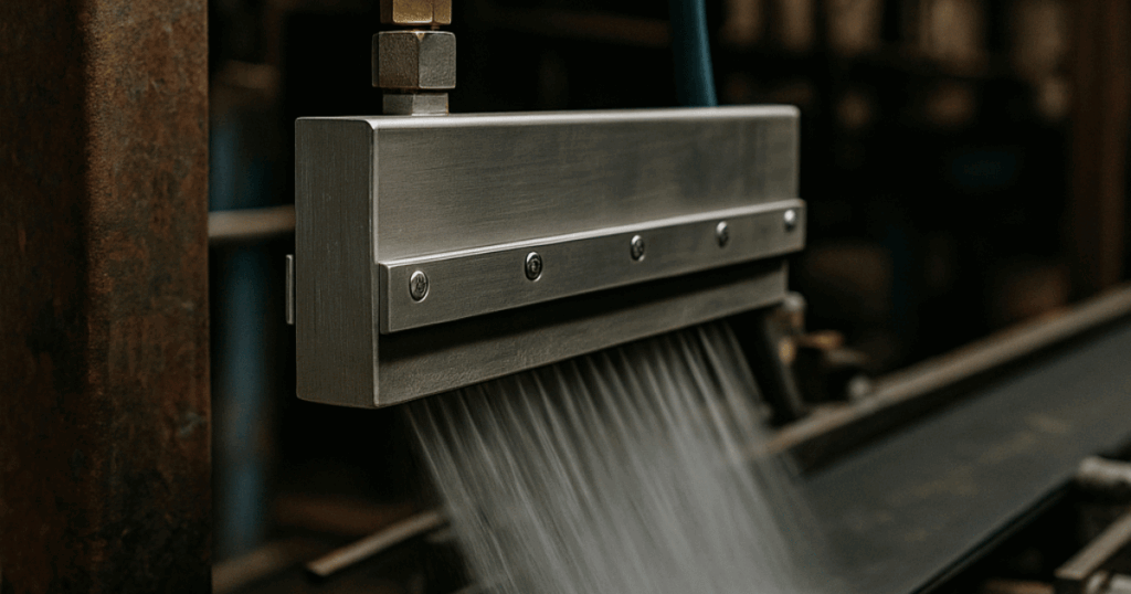 Air knife mounted over conveyor belt in factory