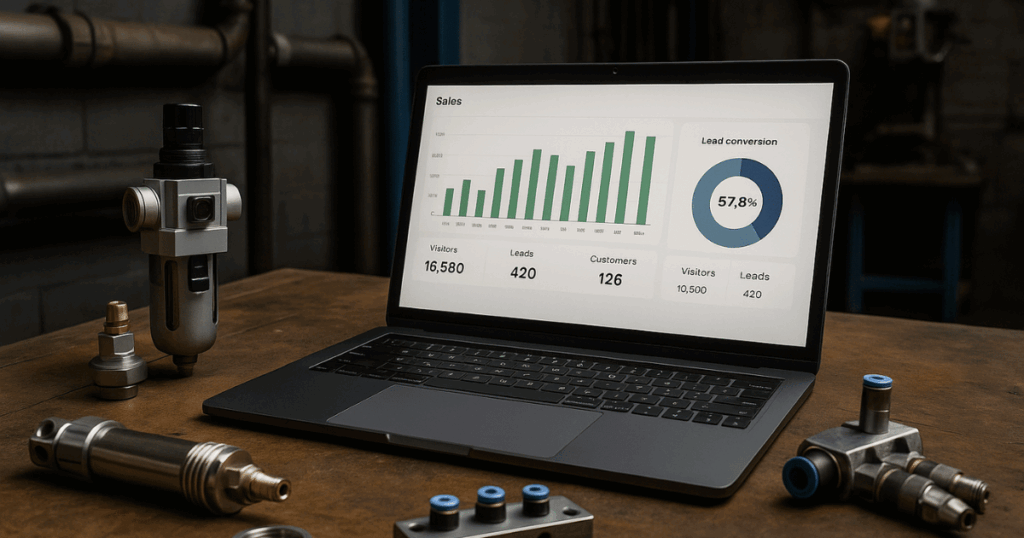 Laptop with pneumatic components and sales chart